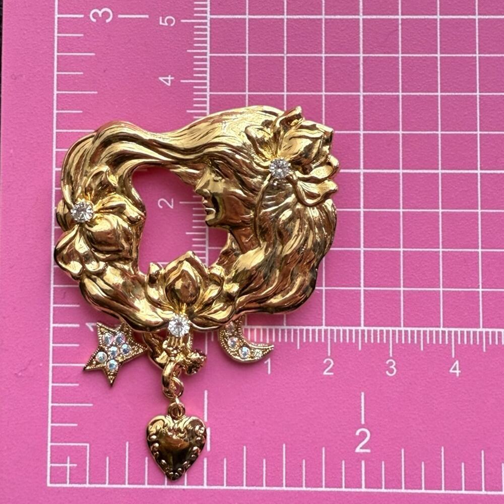 Kirk’s Folly Art Nouveau Lady of The Lake Face Gold Tone Rhinestone Brooch Pin - Picture 5 of 7